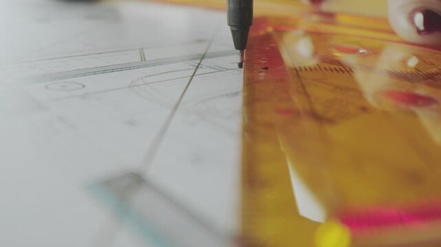 Close up of architect drafting on blueprint using ruler and pen.