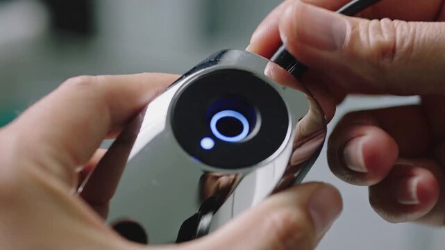 Bringing plug, right hand inserting cable into chrome device with glowing ring at bench to charge