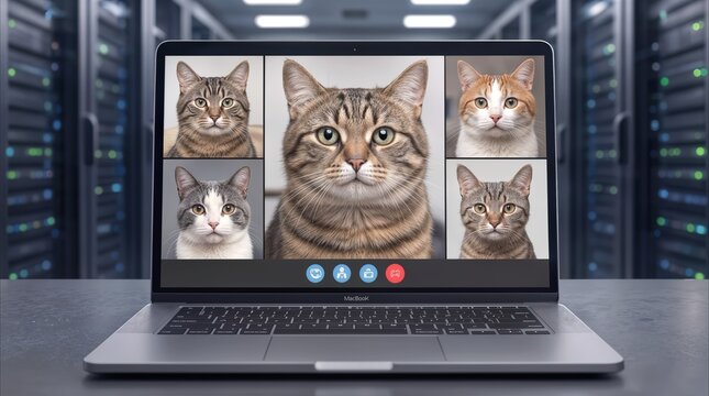 Laptop screen displaying video conference with multiple cats in server room. Remote communication and digital technology concept.