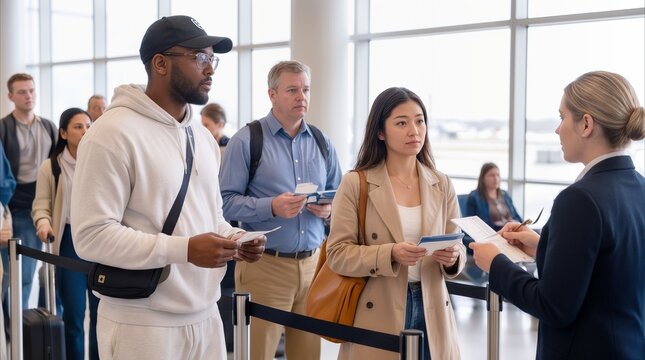 Passengers waiting in line at airport check-in counter. Diverse travelers holding boarding passes and documents while airline staff member assists them in modern terminal.
