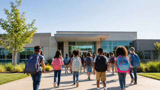 Schoolchildren walking toward a modern school building on the first day of classes. Back to school concept with primary pupils wearing backpacks in sunny morning light. Copy space in the sky for text.
