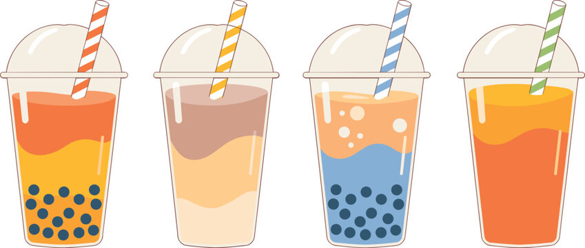 Bubble milk tea vector illustration cups set with straws, boba tapioca pearls cartoon flat icons