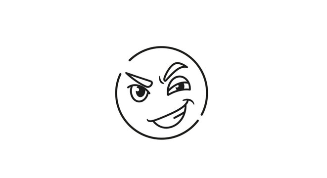 Line art illustration of a mischievous and playful winking emoji face with a cunning smirk, depicting a secretive and knowing expression