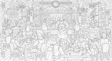 Fototapeta premium Busy medieval tavern interior scene with people line art.