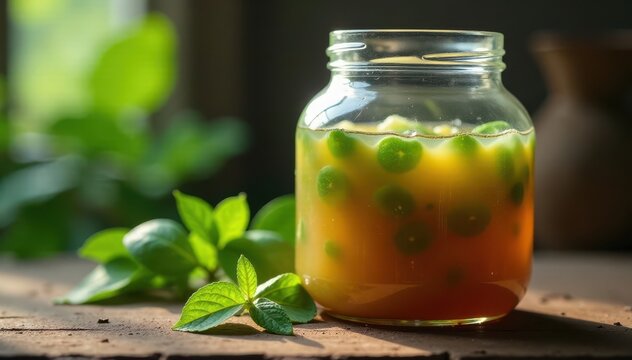 Fermentation jar with brownish-green SCOBY and liquid , culture, liquid, tea