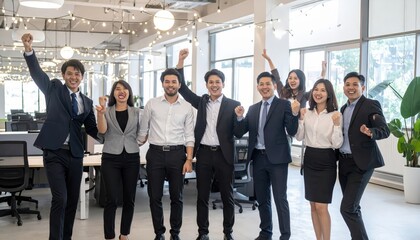 Fototapeta premium Diverse business team celebrating successful collaboration and victory in modern office setting