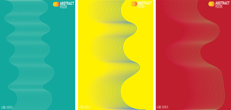 A triptych of abstract poster designs featuring wavy line patterns in green, yellow, and red hues with white text and Mastercard logos