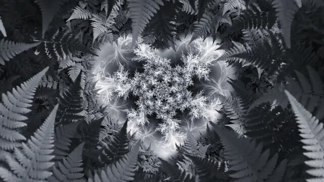 Top-down view of monochrome grey fern leaves and fronds arranged in a dense circular cluster against a solid black background, featuring intricate symmetrical botanical textures.