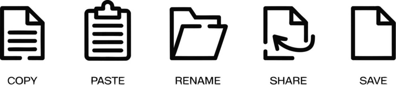 Cut, copy, paste, rename, share, save and delete icon collection in line and glyph styles for user interfaces.