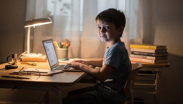 Focused medium view of a youngster using a laptop in a designated learning station blurred surroundings conveying a quiet and monitored homework corner.
