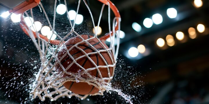 Orange basketball bursts through the hoop net with water spray and stadium lights creating a stunning action shot.