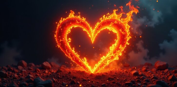 Fiery flames engulfing a heart-shaped structure , heart, flames, intensity