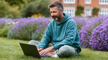 Fototapeta premium Middle-aged man in a teal hoodie working on a laptop outdoors among lavender flowers