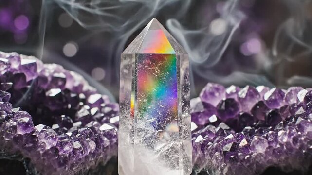 A crystal cluster displays a vibrant rainbow within, surrounded by amethyst geodes emitting mystical smoke.