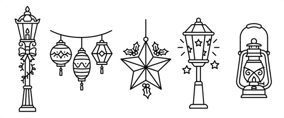 Fototapeta premium Festive lanterns and streetlights with holiday embellishments in a clean vector illustration style