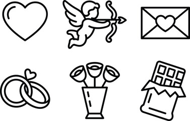 Fototapeta premium Collection of valentines day related line art icons including heart cupid rings flowers chocolate and envelope