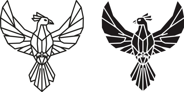 Geometric phoenix bird logo design in outline and solid fill versions