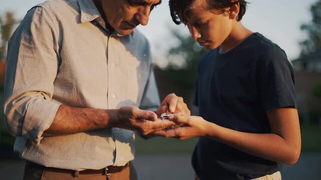 Offering cupped hand, senior man and adolescent boy leaning in, examining small trinkets on patio
