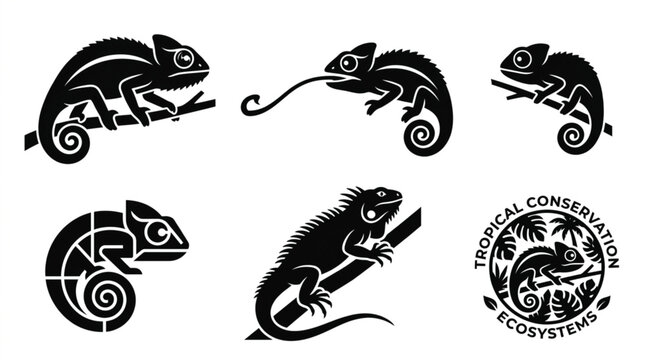 Chameleon solid icons vector black silhouette lizard reptile wildlife adaptation logo symbols collection