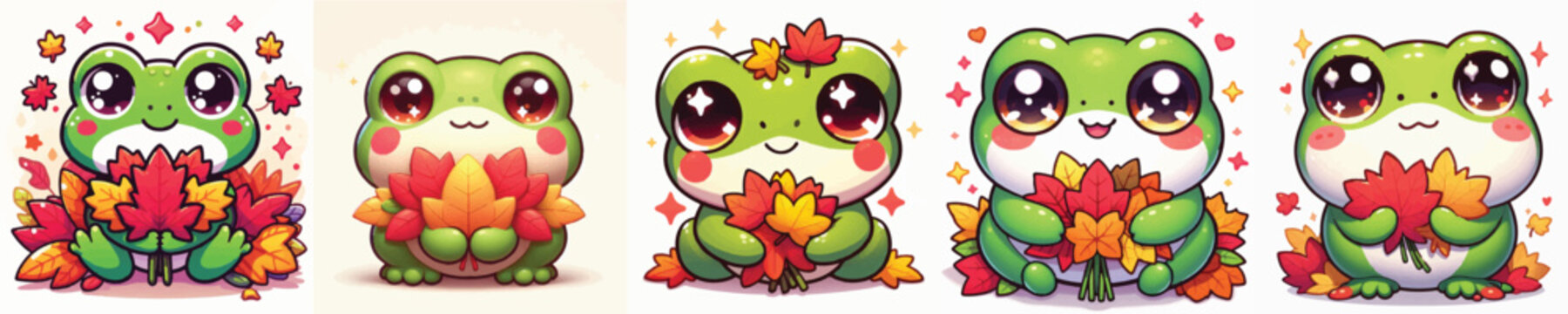 Vector of a cute cartoon frog character holding colorful autumn leaves