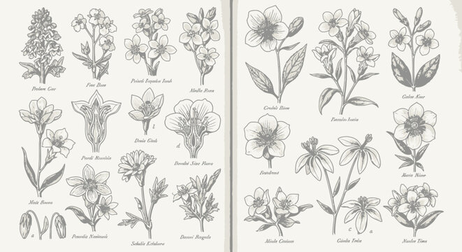 Botanical study of various wildflower species labeled