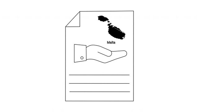 Malta map and hand symbol on document with lines for text.