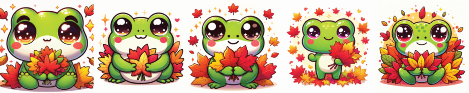 Vector of a cute cartoon frog character holding colorful autumn leaves