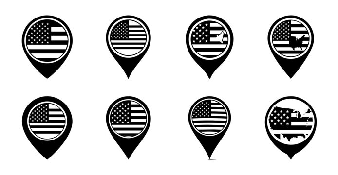 Collection of country flag location pins on map - Set of six minimalist map pins featuring USA, UK, Canada, Australia, and France flags in black and white style for travel or design projects.