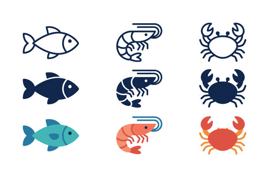 Seafood and fish icon set featuring shrimp, crab, marine animals, shellfish and fresh restaurant ingredients