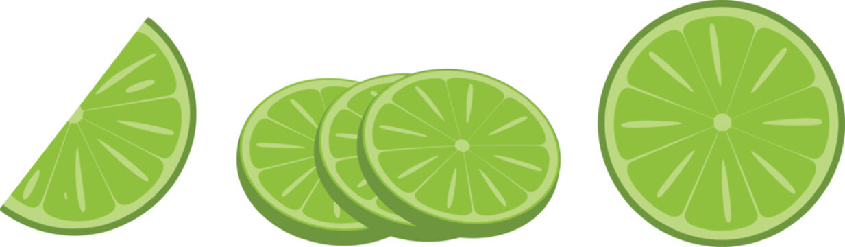 Green lime slices vector illustration set, fresh citrus fruit wedges flat cartoon graphic design elements