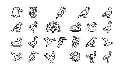 Obraz premium Minimalist bird line icons set, 25 vector avian species symbols. Modern outline wildlife illustrations, black and white nature graphics for web and app design