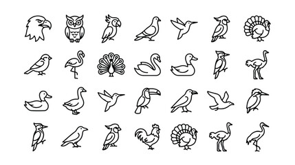 Obraz premium Minimalist bird line icons set, 28 linear vector bird species symbols, modern black outline wildlife illustrations for nature branding and web design
