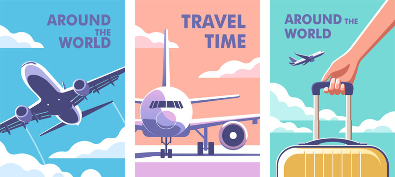 Airplane gaining altitude. Passenger plane parked on the runway. Woman holding a suitcase in her hand close-up. Perfect vetor background on the theme travel.