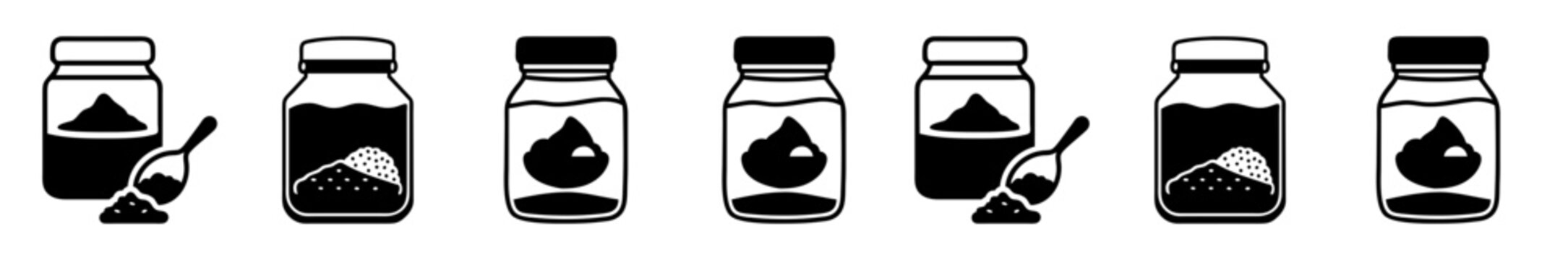 Jar of jam with spoon and different fill levels - Illustrated jars of jam with varying fill levels, a spoon, and a fly, presented in a simple, stylized vector format.