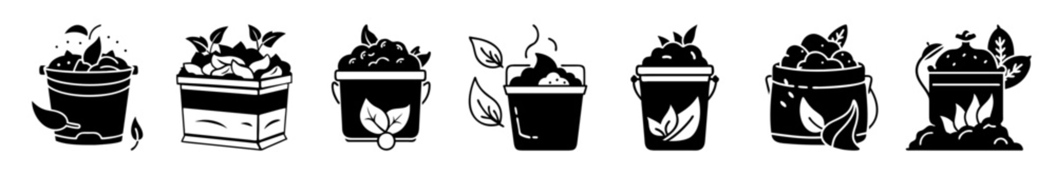 Flat icons of trash cans with different burning stages - Six stylized flat icons showing trash cans with smoke, fire, and burning effects in a clean, minimalist design.