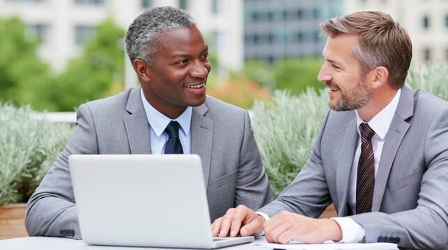 Businessmen discussing ideas at an outdoor office setting with laptop