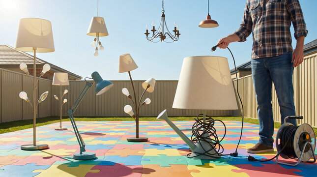 Suburban Backyard with Living Lamp Plants Being Watered with Electrical Cord in Surreal Conceptual Scene