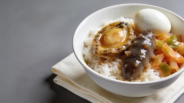 Gourmet abalone fish maw rice served in a bowl with pickled vegetables and egg, top-down food photography.
