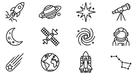 Minimalist space exploration line icons, set of 12 astronomy vector symbols, black outline galaxy and rocket ship graphics for science education © Graphic Seller