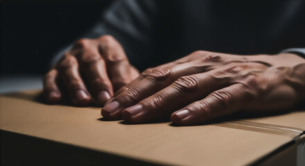 Fototapeta premium Mature hands resting on a cardboard parcel