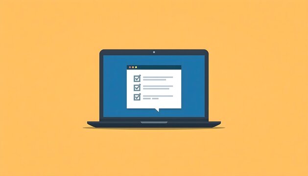 Modern laptop computer displaying a digital survey form with multiple checked boxes on a vibrant yellow background showcasing a clean professional vector illustration style for business and corporate 