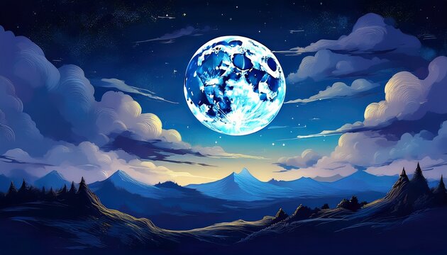 Dramatic Photo Illustration Of A Nighttime Sky With Brightly Lit Clouds And Large Full Blue Moon Would Make A Great Background
