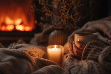 Fototapeta premium Cozy blanket wraps around warm, lit candle