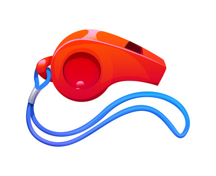 Sport whistle of American football game equipment or referee signal cartoon icon. American football red whistle of referee or game coach in European football or soccer sport game accessory item