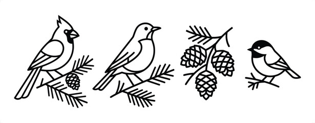Minimalist winter bird line art collection, cardinal and chickadee on pine branches, black and white forest wildlife vector set for holiday cards © Graphic Seller