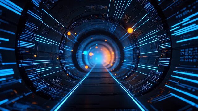 Futuristic circuit tunnel with glowing lights
