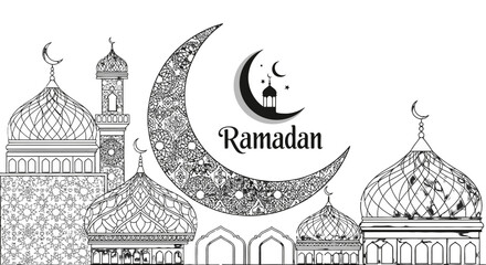 Ramadan greeting card with mosque and crescent moon. © Kadita