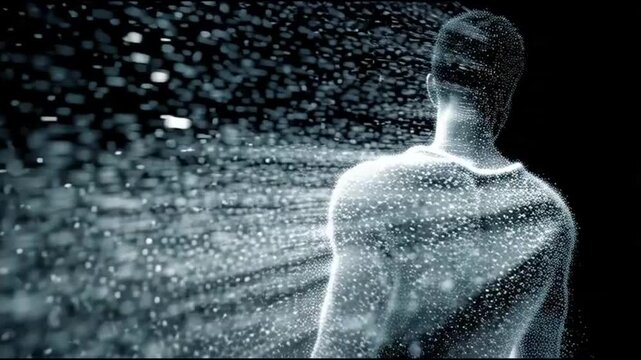 Human figure dissolving into glowing digital particles in dark space