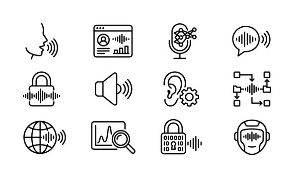 Voice recognition and processing icon set featuring speech technology, sound waves, biometric security and smart assistants