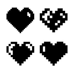 Fototapeta premium Four pixel art hearts in black and white - Simple pixel art design featuring four stylized hearts, black and white, arranged in a 2x2 grid for versatile use in digital projects.